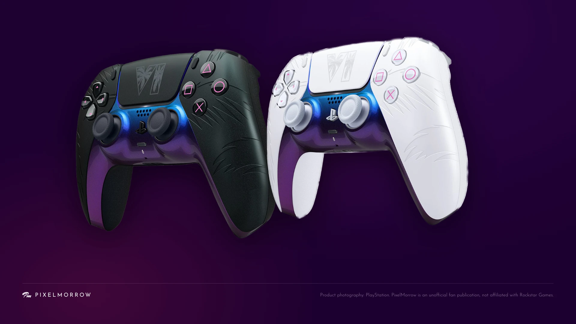 GTA VI Limited Edition DualSense wireless controllers, black and white variants side by side against a dark atmospheric background