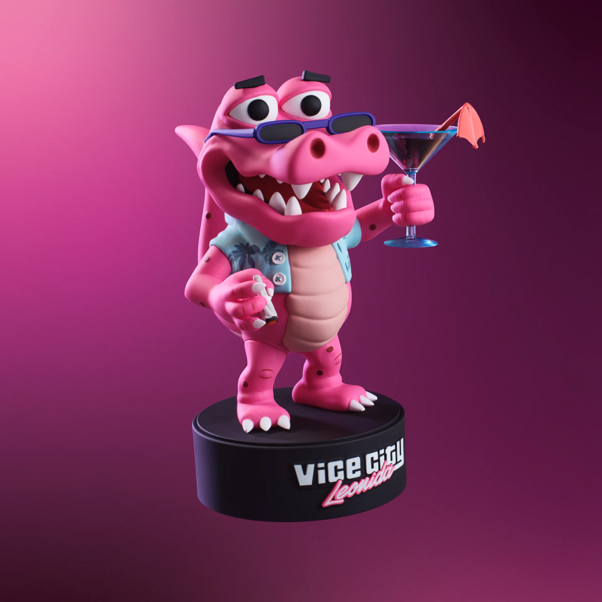 The Macca the Gator figure: a pink alligator in sunglasses holding a flamingo blood martini, with a twist-open stash base