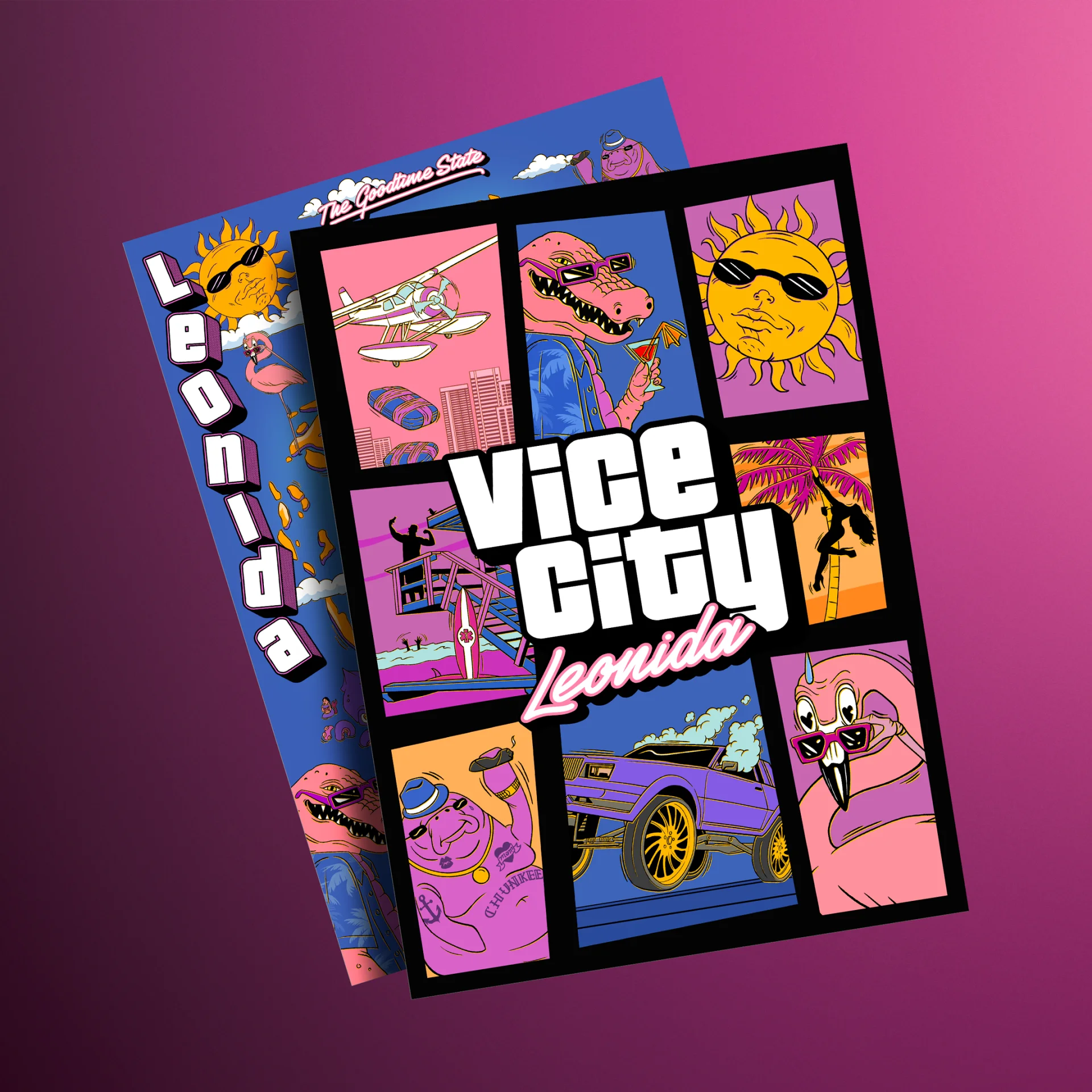 The double-sided souvenir poster, showing the illustrated Macca the Gator artwork. The reverse features a full view of the Leonida map.