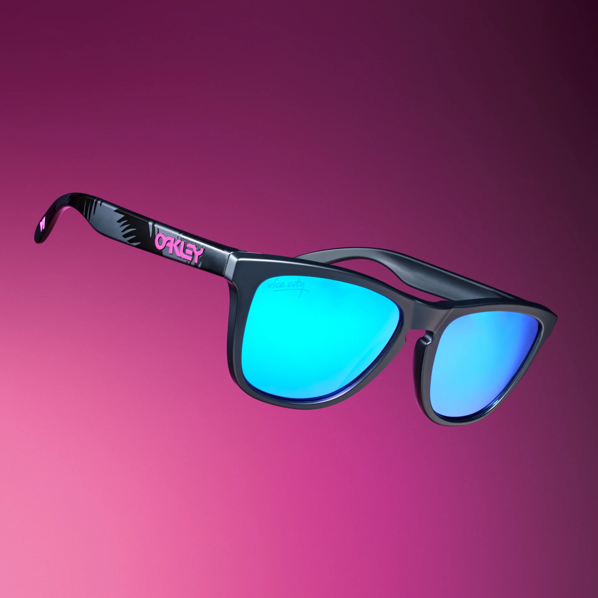 Oakley Frogskins sunglasses with Prizm Sapphire lenses and Vice City pink GTA VI logo
