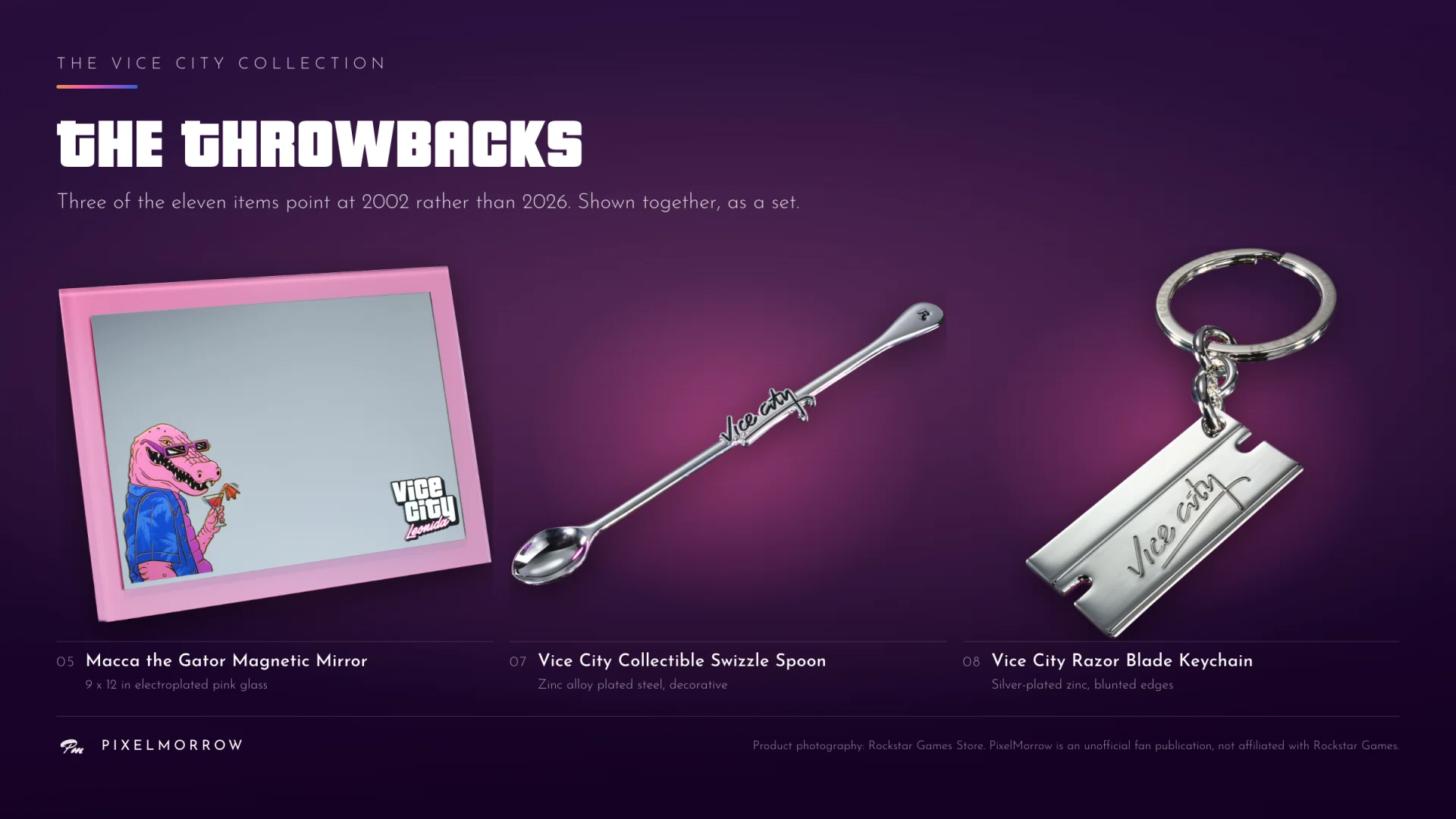 The magnetic mirror, collectible swizzle spoon, and razor blade keychain