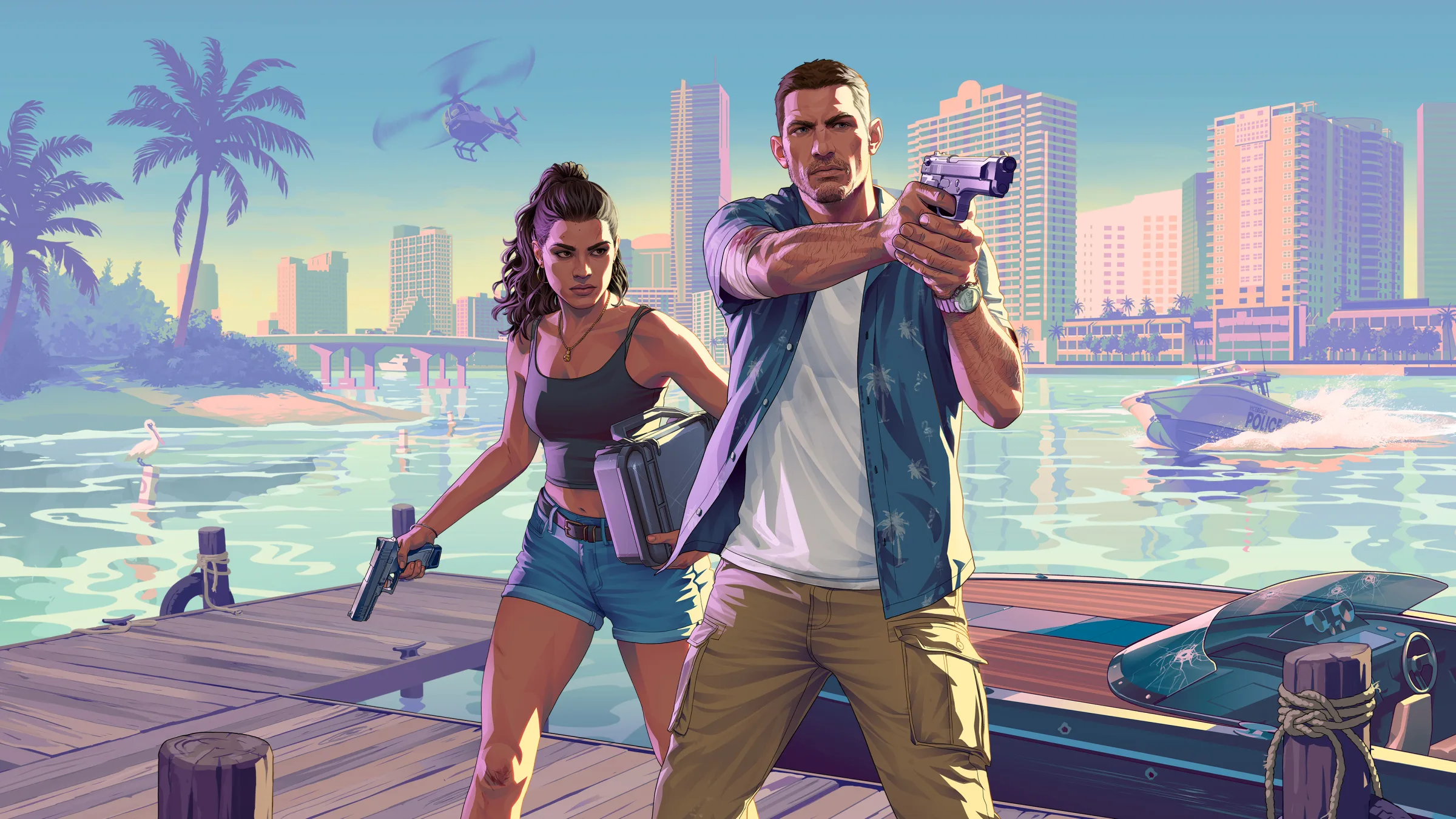 Official Rockstar Games key art of Jason Duval and Lucia Caminos on a marina dock, armed, with a police boat and helicopter behind them